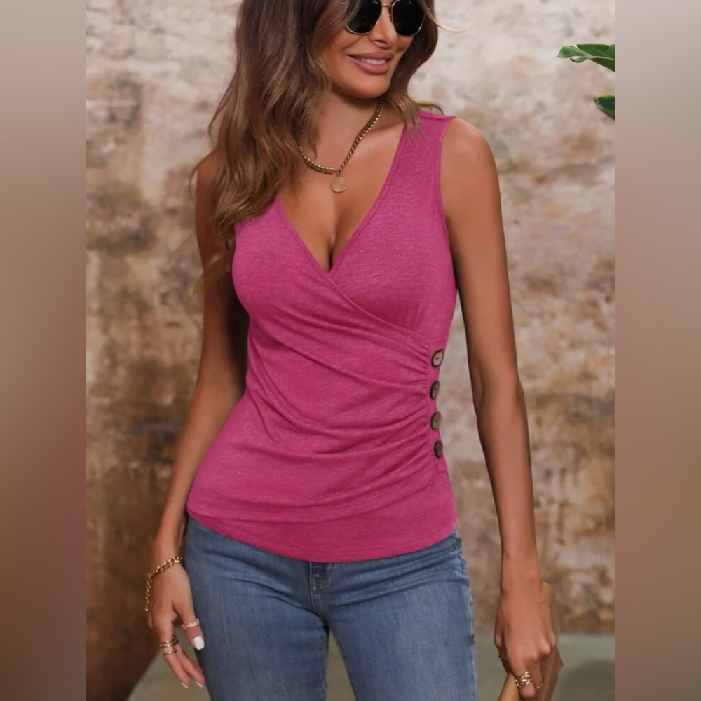 SHEIN Pink Sleeveless Wrap Tank Top with Side Buttons
